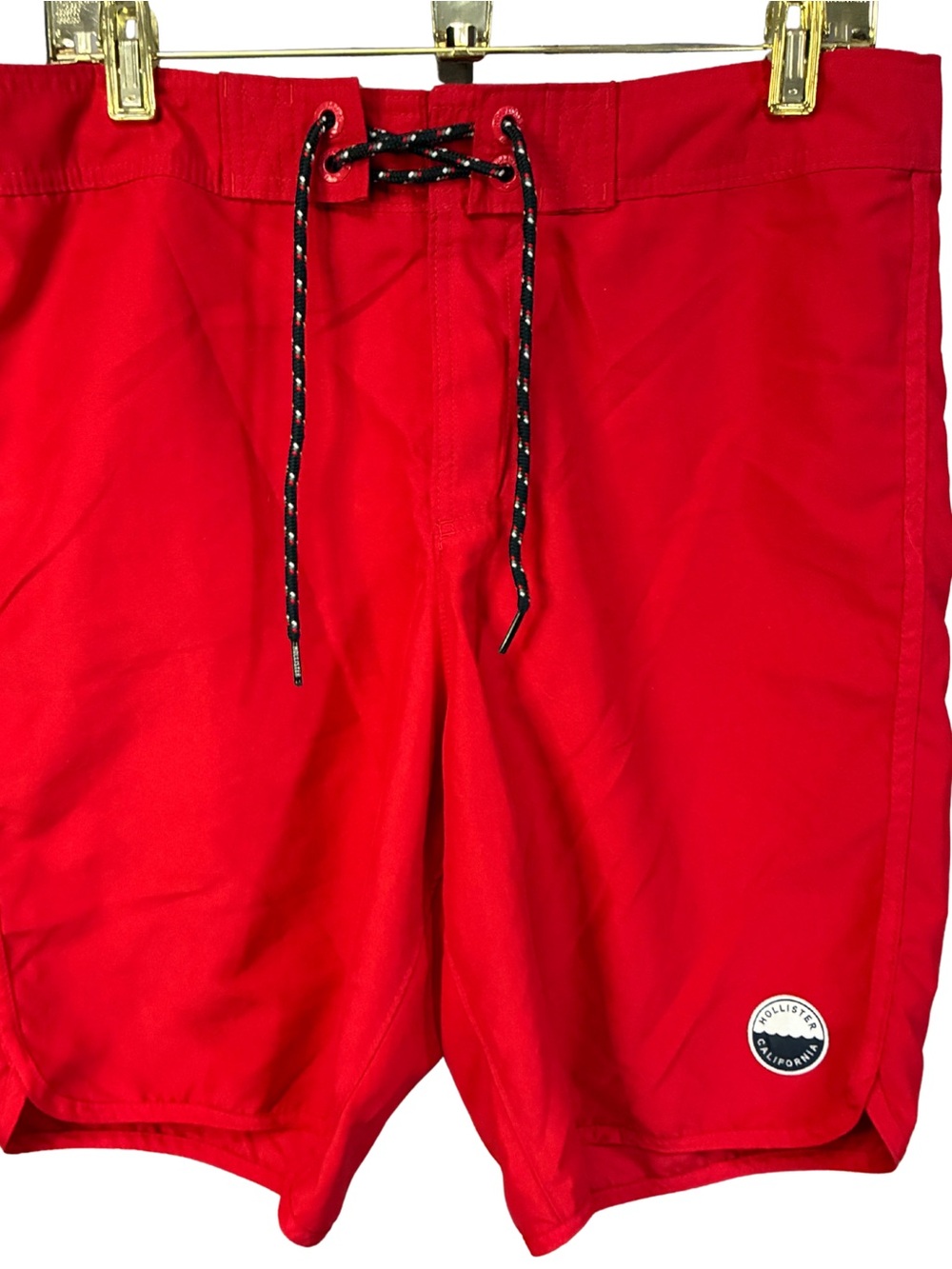Hollister Men's Bright Red Swim Board Shorts with Black Drawcord